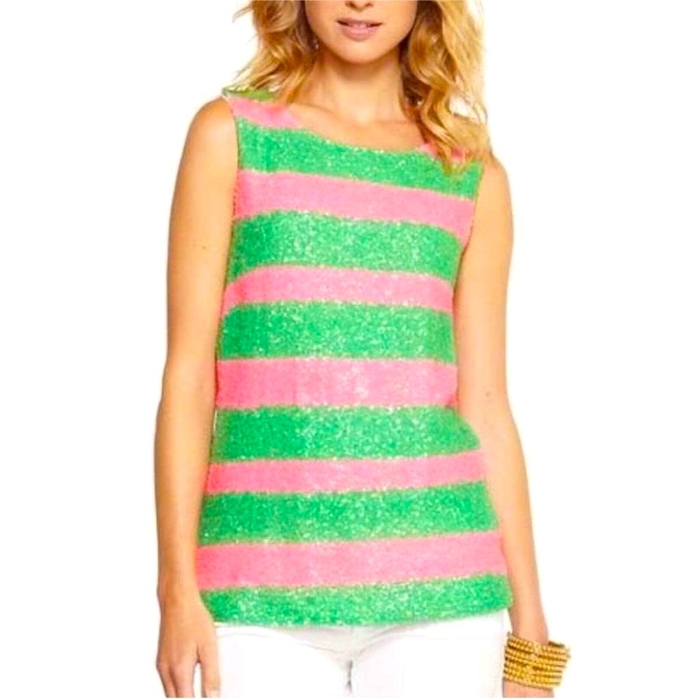 Lilly Pulitzer Tropical Pink Green Cucina Stripe Sequin Tank Size XL - NWT